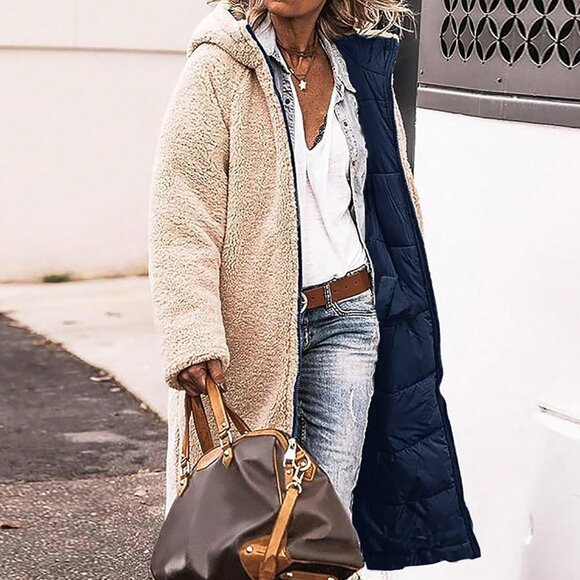 Jackets & Blazers - Navy Blue Casual Women's Reversible Hooded Mid-Length Thick Padded Jacket